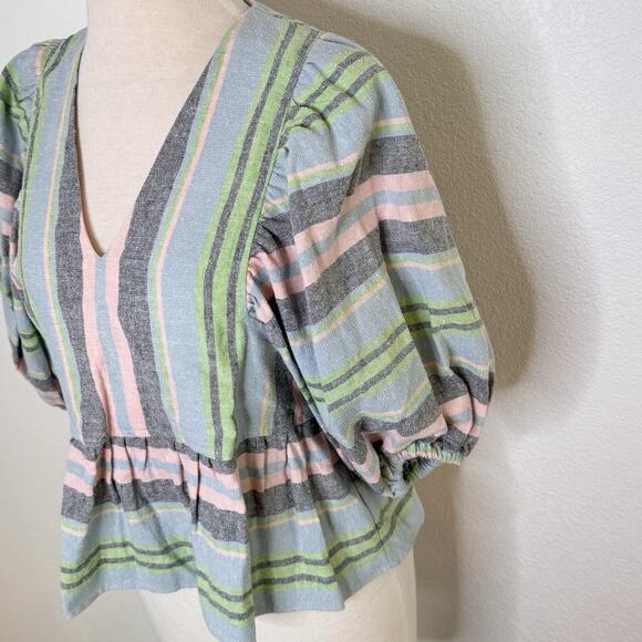 Tuckernuck Womens Hunter Bell Landry Stripe Top Size S Pastel Pink Blue Linen - Picture 3 of 11
